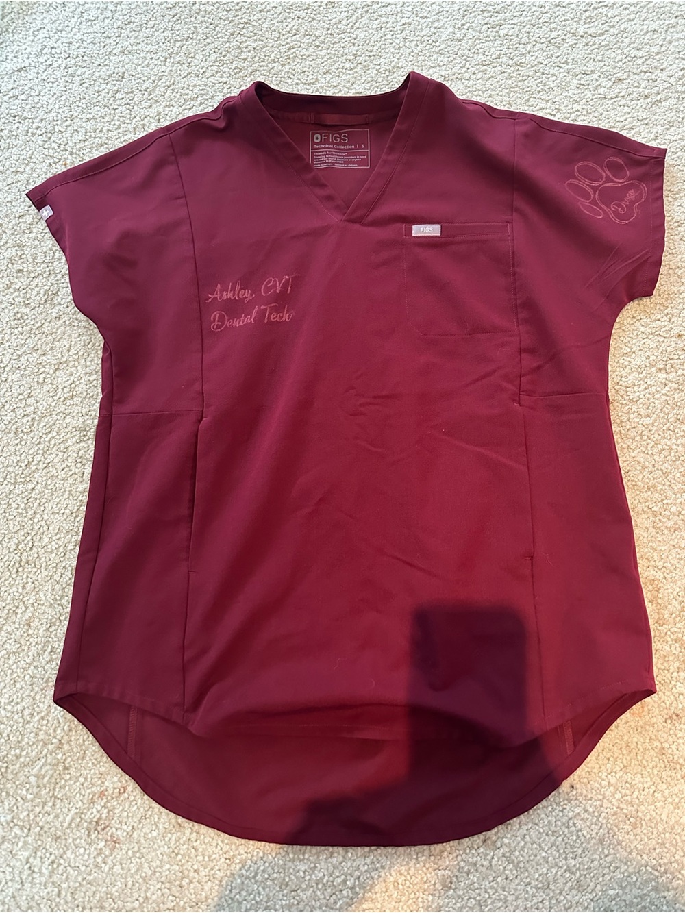 FIGS Women's Oversized V-Neck Scrub Top in Burgundy- SIZE SMALL